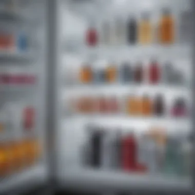 A collection of serums and creams, highlighting optimal storage conditions in a dedicated refrigerator