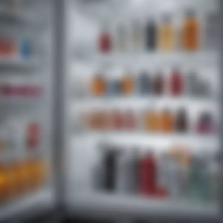 A collection of serums and creams, highlighting optimal storage conditions in a dedicated refrigerator