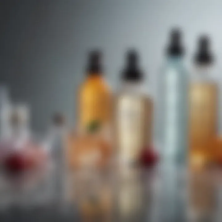 A close-up of essential skincare ingredients like hyaluronic acid, retinol, and vitamin C in small glass bottles.