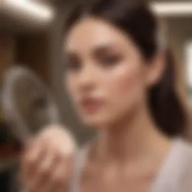 Sophisticated woman holding a mirror and applying face powder