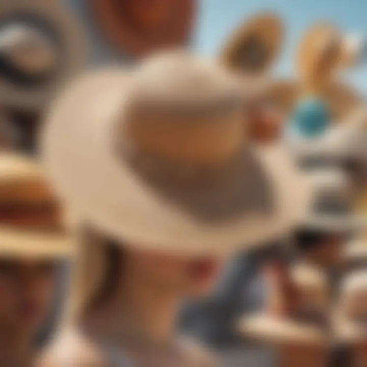 A collection of fashionable SPF sun hats displayed together