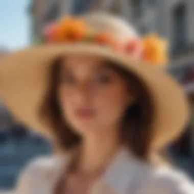 Elegant straw sun hat with a wide brim and floral accents