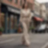 Elegant woman in tall high waisted wide leg pants walking down the city street