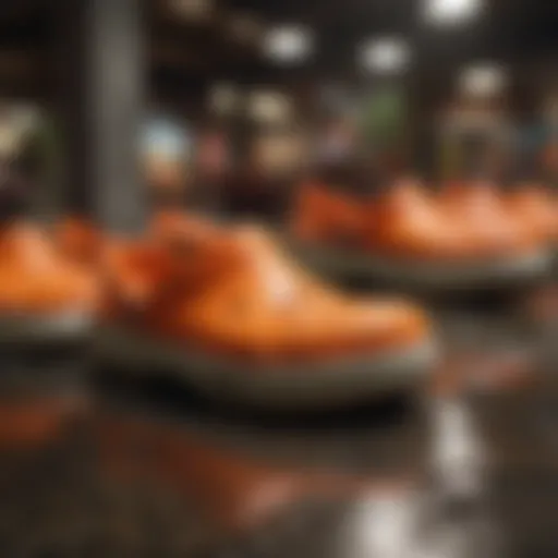 Vibrant tangerine Crocs on display