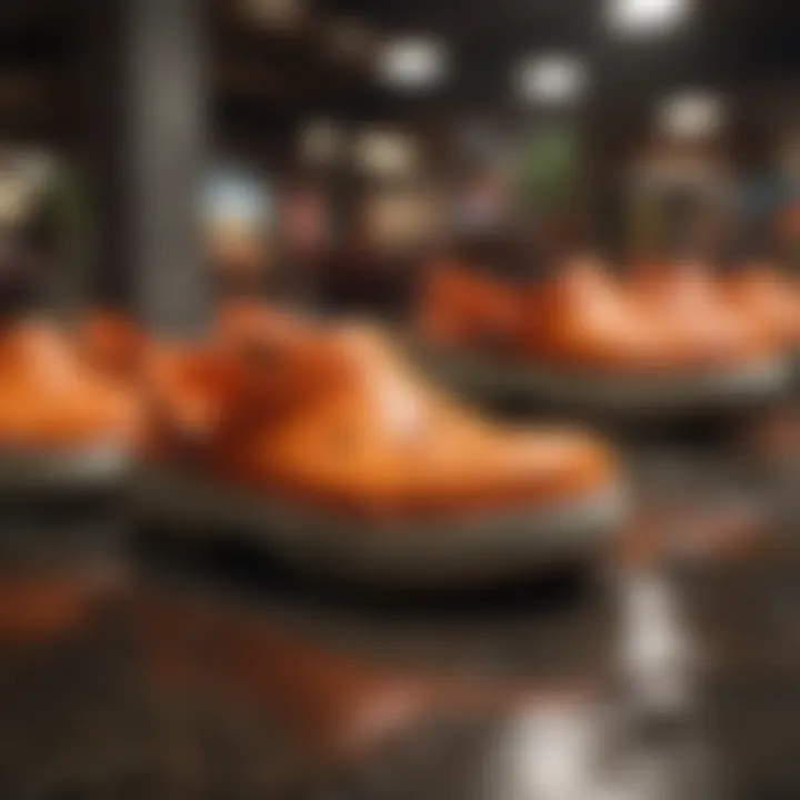 Vibrant tangerine Crocs on display