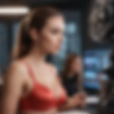 A stylized creative workspace with design professionals brainstorming ideas for a bra marketing campaign.
