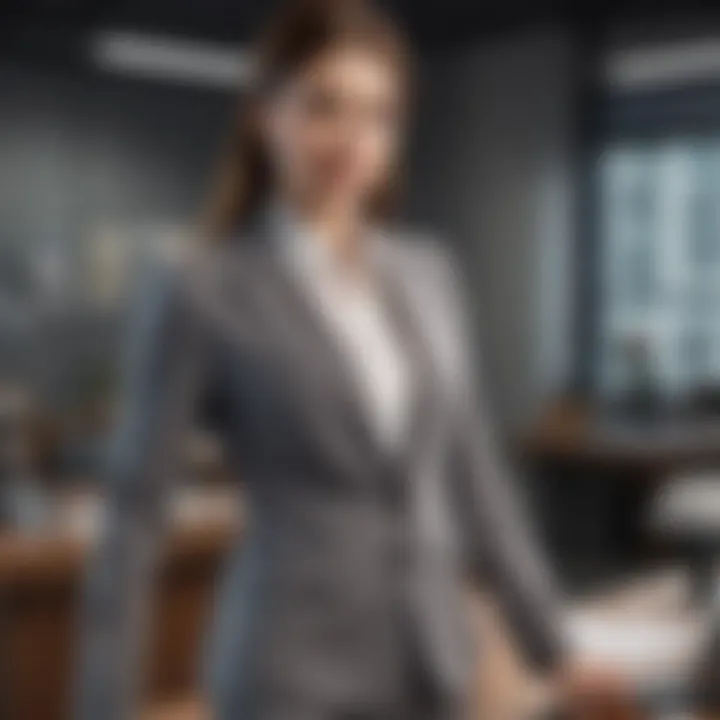 Professional woman wearing a chic petite suit in an office setting