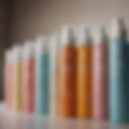 Elegant display of non-greasy spray sunscreens lined up.