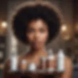 Woman with afro hairstyle holding skincare products