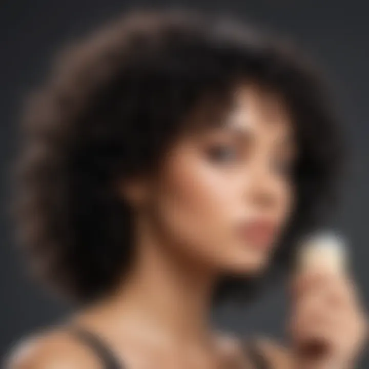 Woman using natural hair products on curly black hair