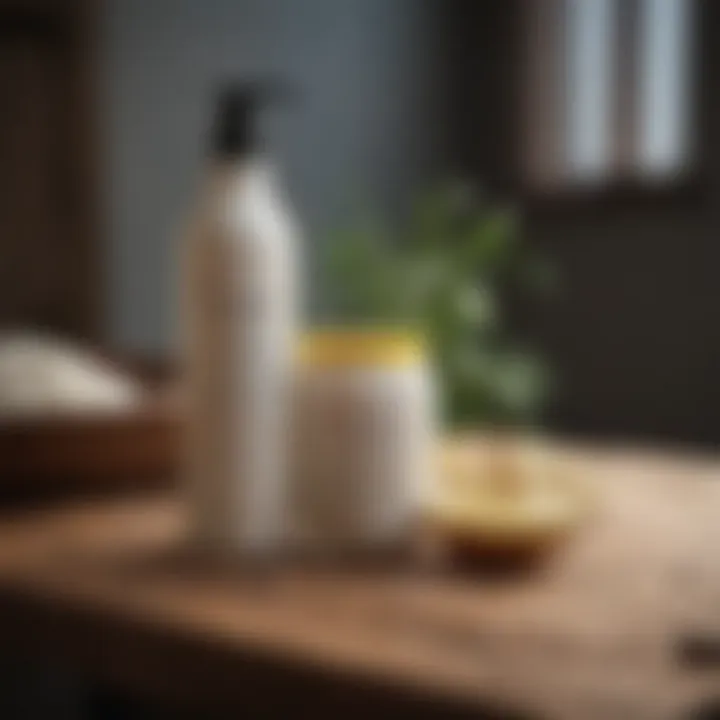 Close-up of conditioner ingredients on a wooden table