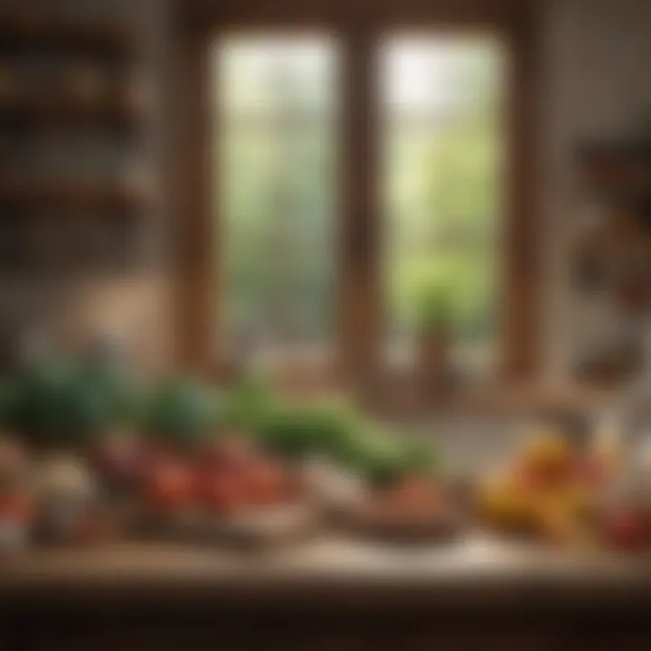 Healthy organic groceries arranged on a wooden kitchen counter