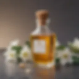 Elegant glass bottle of sweet almond oil with a delicate jasmine flower