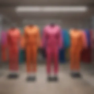 Alo sweat suit in a vibrant color palette hanging on display