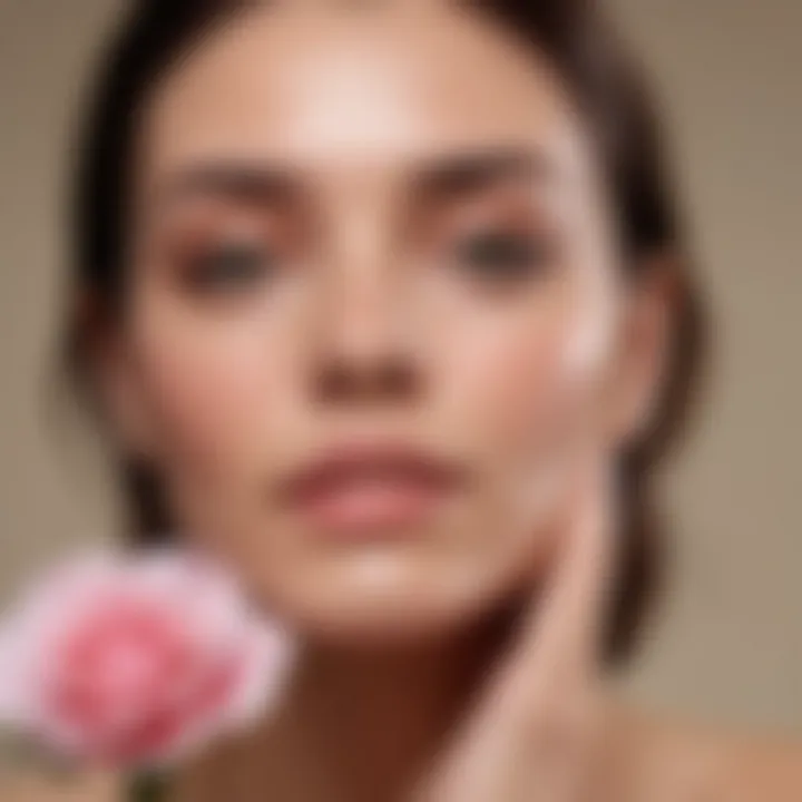 Woman peacefully applying rose oil on her face