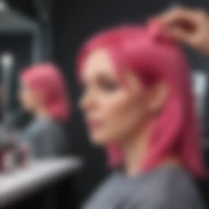 Woman with gray hair getting a vibrant pink dye applied at a salon