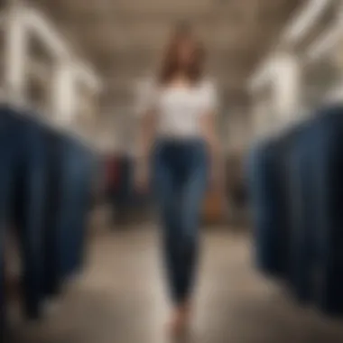 Finding Your Perfect Fit Woman trying on different pairs of skinny jeans in a boutique